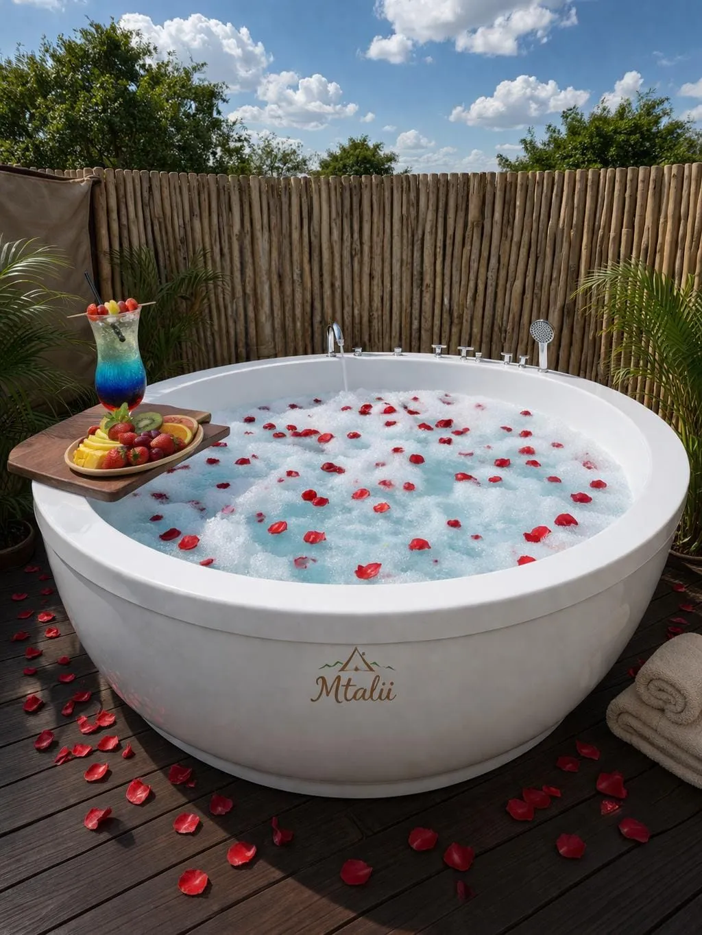 A private outdoor jacuzzi strewn with rose petals on the deck of a Mtalii tented suite