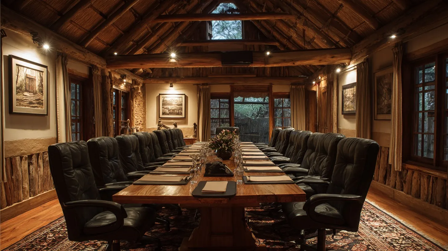 A rustic executive boardroom at Mtalii with a long table and mountain-forest views