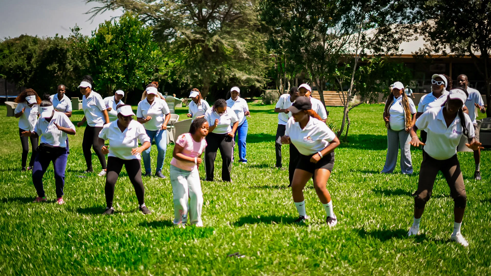 A morning fitness session on the lawn
