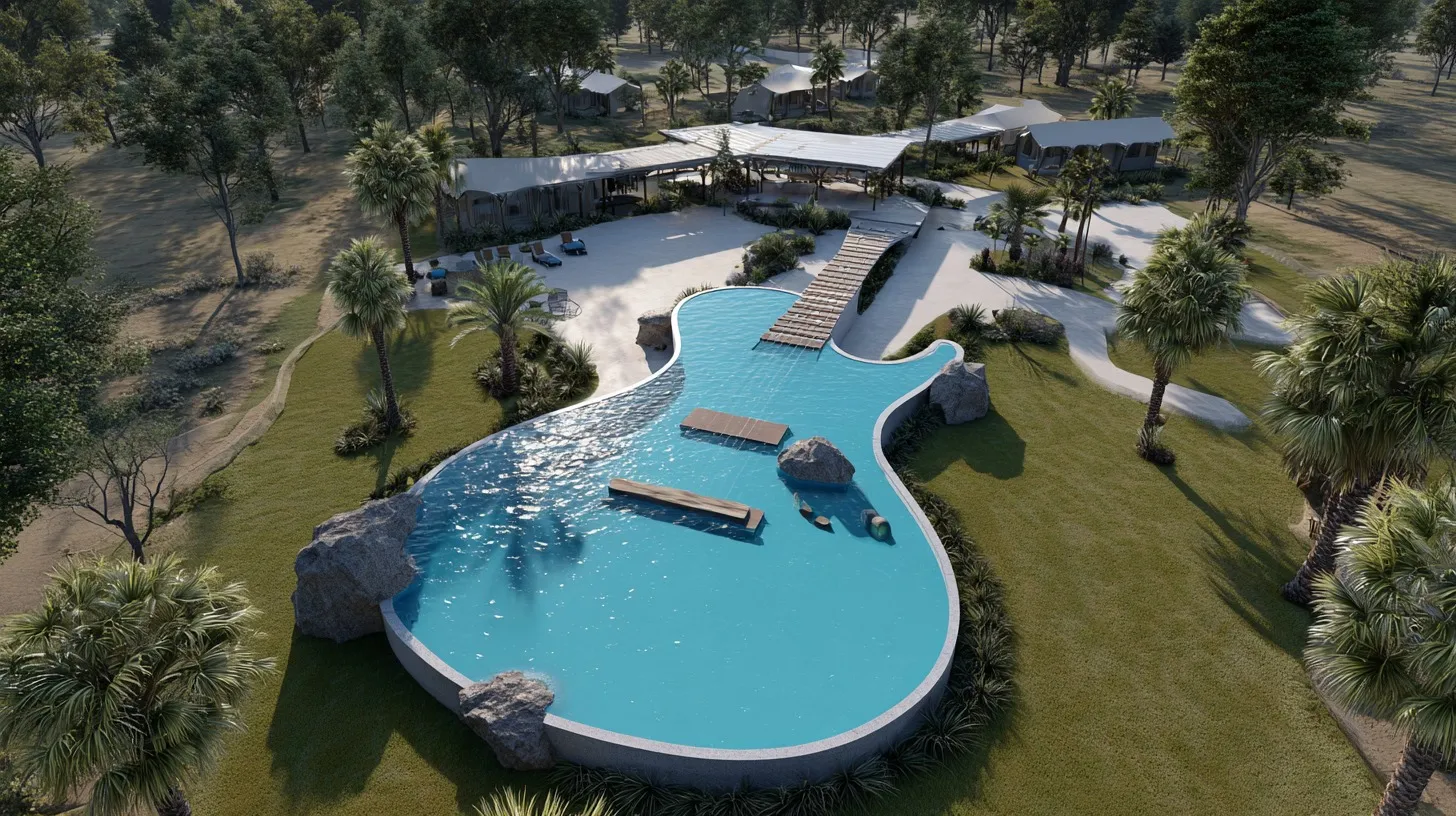 Aerial view of the guitar-shaped infinity pool