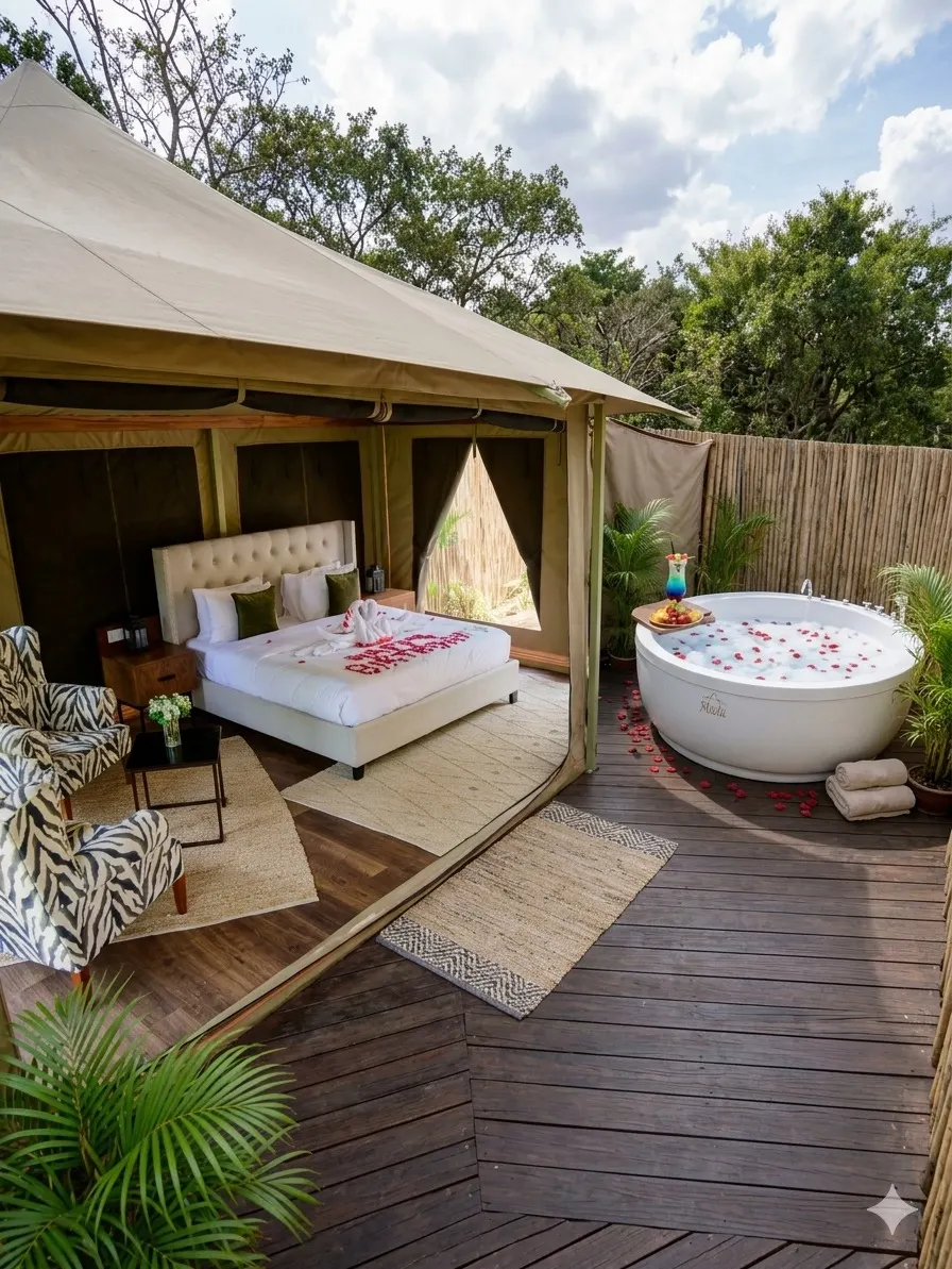 A tented suite opened to its deck, with a rose-petal turndown on the bed and a petal-strewn jacuzzi outside