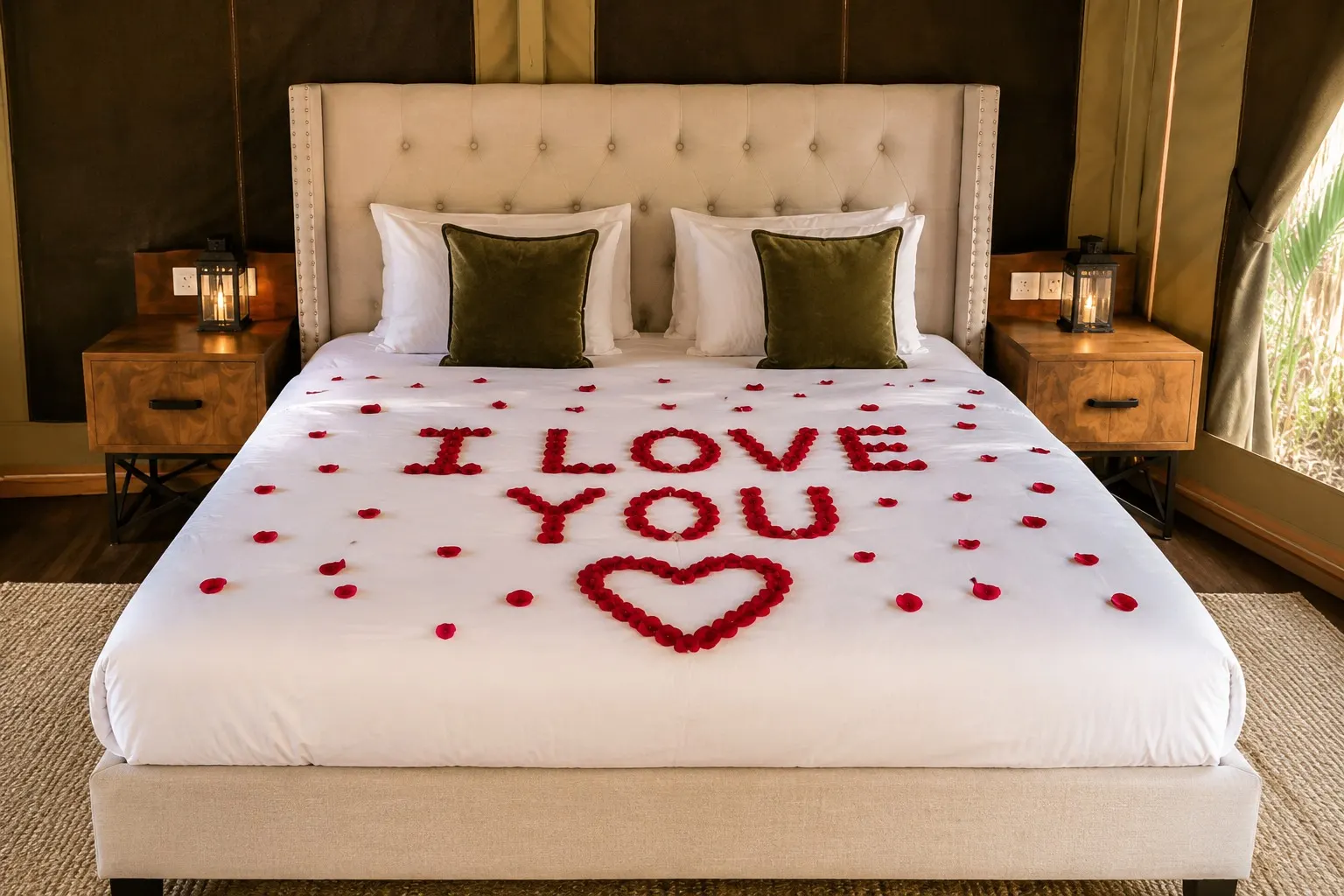 A king bed turned down with rose petals arranged to read "I love you", lanterns lit on either side