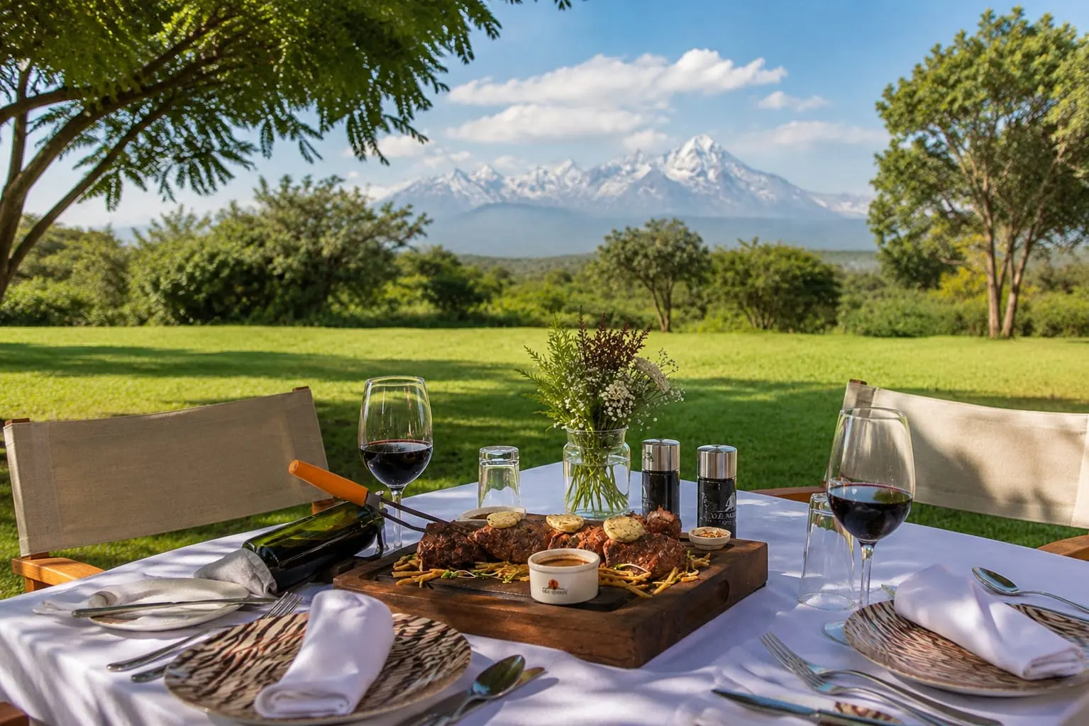 A candlelit dinner for two plated on a wooden board, with wine poured and Mount Kenya beyond