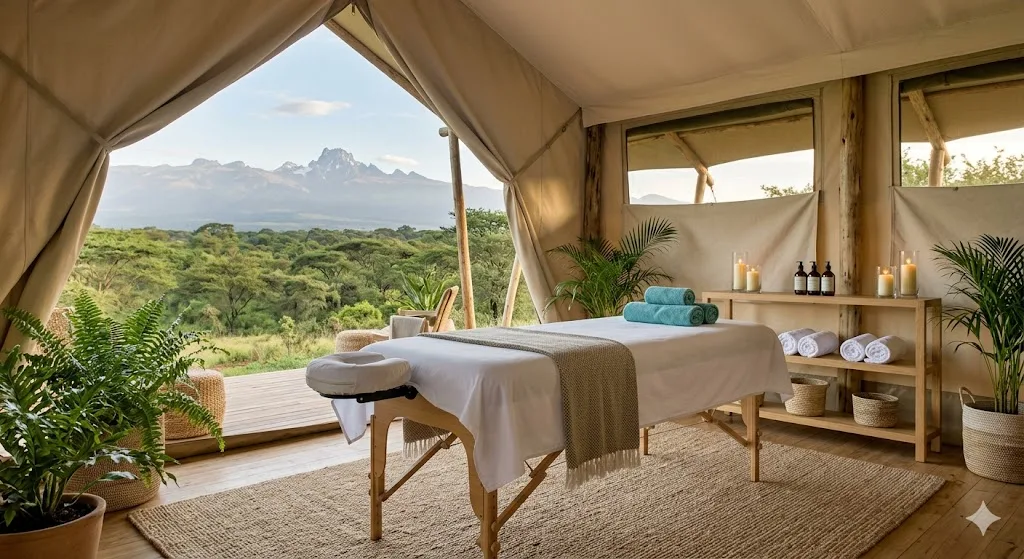 Casadra Spa & Wellness Centre at Mtalii Bush Camps, Mount Kenya in the background
