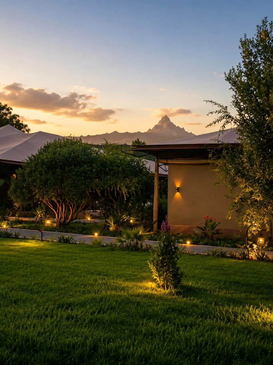 Mount Kenya at sunset seen over the lantern-lit gardens and tent roofs of the Batian village